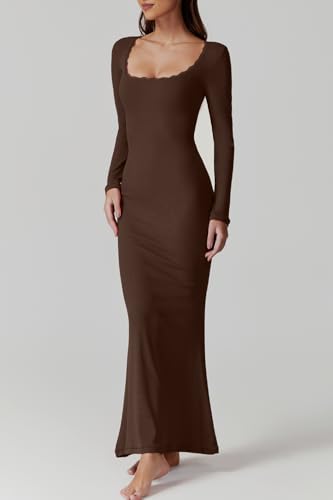 QINSEN Women's Ribbed Knit Long Sleeve Scoop Neck Maxi Dress with Lace Details Bodycon Dress3