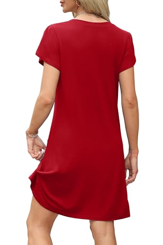 Image of OFEEFAN Womens Summer Dresses 2026 Tulip Petal Short Sleeve V Neck Loose Swing Sundresses with Pockets Plain /Print