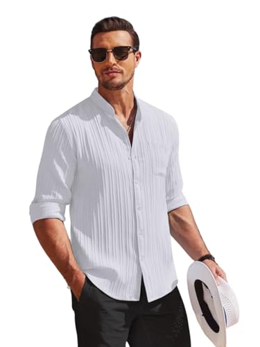 Leriya Fashion Casual Textured Button Down Regular Fit Shirts Long Sleeve Shirt for Men White