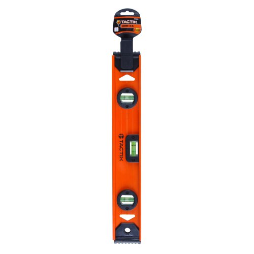 Tactix Level, 24-Inch (600mm) Level, 1 Horizontal And 2 Vertical Vials, For Aligning Surfaces, Rugged Aluminum Frame, Shockproof End Caps, Accuracy 1.0 mm/m, Orange- 250053