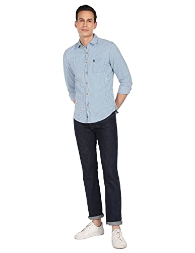 Image of U.S. POLO ASSN. Men's Cotton Regular Fit Spread Collar Vertical Striped Casual Shirt