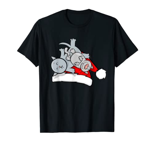 Gato Dormir Santa Sombrero Navidad Pijama Lindo Gatito X-mas Camiseta