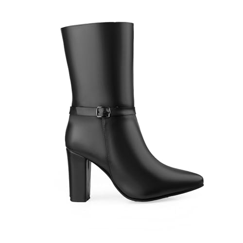 Image of Women's 3.5 Inch Block Heel Height, Classic Leather-Stylish Mid Calf (Half Boot) Buckle Boots