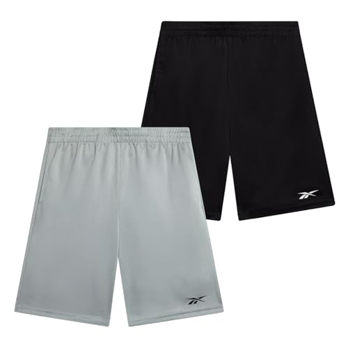 Reebok Boys' Athletic Shorts - 2 Pack Active Performance Dry Fit Mesh Shorts for Basketball, Gym, and Running (Sizes: S-XL), Size Large, Light Grey/Black