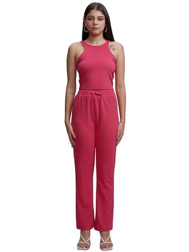Image of Tokyo Talkies Women's Co-ord Set | Sleeveless Crop Top & Drawstring Trousers | Perfect for Casual Outings & Vacations