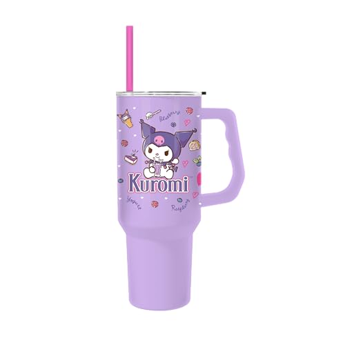 Image of Silver Buffalo Sanrio Hello Kitty and Friends Stainless Steel Tumbler with Handle Featuring Kuromi, Fits in Standard Cup Holder, 40 Ounces