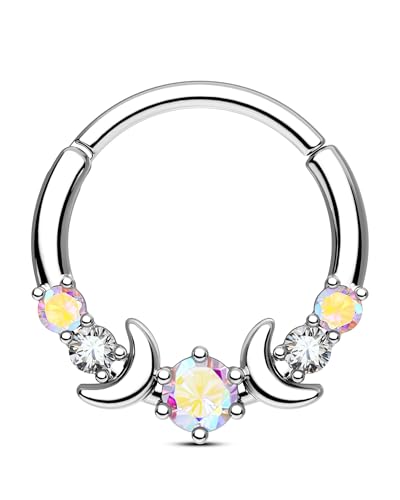 CM Crareesi Mania Septum Ring 316L Stainless Steel Septum Jewelry 10mm Moon Phase Septum Piercing Jewelry for Women AB CZ Daith Earrings