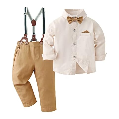 DISAUR Boys Church Outfit Apricot Brown Long Sleeve Dress Shirt Bow Tie Suspender Pants Toddler Formal Outfit Boy 2t 3t 2-3t Cover