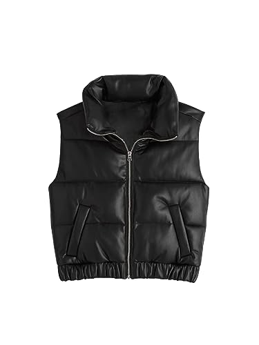 Fisoew Womens Faux Leather Puffer Vest High Stand Collar Zip Up Sleeveless Winter Cropped Jacket Gilet2