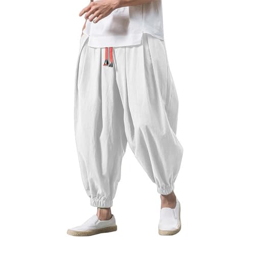 Pohullan Men Linen Harem Pants Men Solid Elastic Waist Streetwear Calf-Length Joggers Casual Trousers2