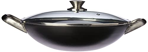 Frigideira Wok com Tampa de Vidro Aluminio Antiaderente Linha Profissional Multiflon, 34 cm, Preto