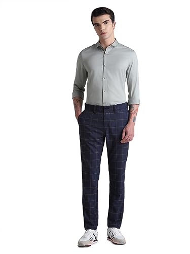 Image of Jack & Jones Men's Cotton Slim Fit Solid Opaque Checked Spread-Collar Casual Shirt