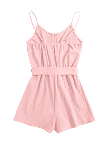 Gamisote Girls Romper Strappy Sleeveless Button Tie Front Jumpsuit With Pockets Pink #TOP1