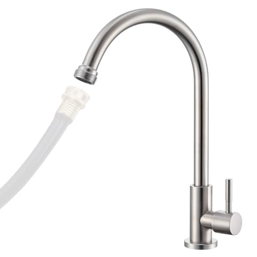 KroBer Cold Water Faucet Only Brushed Nickel Stainless Steel Single Hole Faucets High Arc Utility Sink Faucet for Laundry Outdoor 3/4 Thread End Garden Hose Adapter