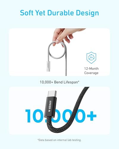 Anker Zolo USB C to USB C Cable, Braided and Dirt-Free Type C Fast Charging Cable, Slim Connector, for iPhone 16 Series, MacBook (240W) (Black, 6ft)