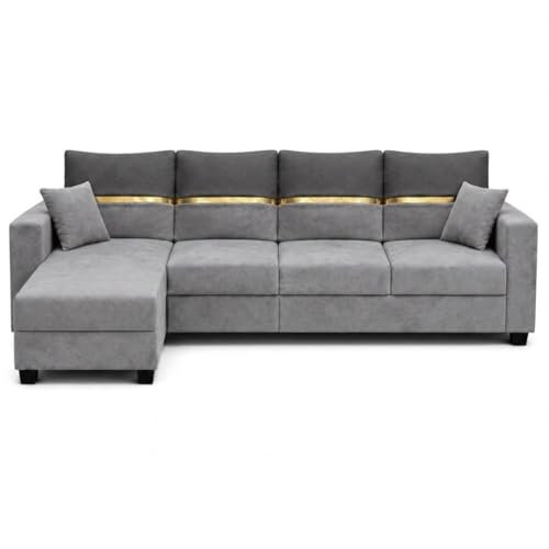 Image of Furny Arvea 8 Seater Fabric LHS L Shape Sofa Set with 1 Centre Table & 2 Puffy (Light Grey-Dark Grey) | Soft Velvet Fabric | Modern Design | Comfortable Seating | Living Room Furniture
