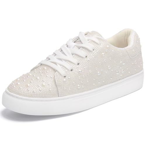 Image of Suokdil Sparkle Rhinestone Sneakers for Women - Bling Fashion Bedazzled Platform Tennis Shoes - White Glitter Sequin Wedding and Party Shoe