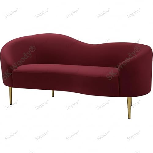 Image of Rosewood Luxury Curved Sofa in Premium Velvet-Fabric | Solid Wood Structure | High Density Foam | Sturdy Golden Legs | Comfortable & Stylish Couch for Modern Living Room (Red Wine, 2 Seater)