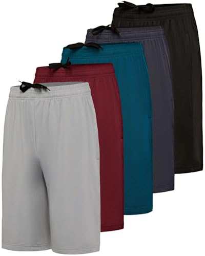 Image of Real Essentials 5 Pack: Boys' Dry Fit Basketball Shorts for Youth Kids Teens - Athletic Running Soccer Sports with Pockets