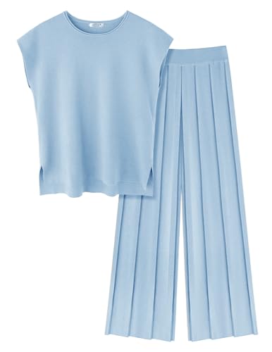 Image of Ekouaer Lounge Sets for Women Two Piece Outfits Knit Cap Sleeve Tops Wide Leg Pleated Pants Casual Dressy Sweater Sets