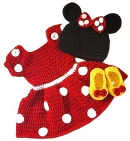 Woonie Handmade Crochet Red Polka Frock Set for Baby Girls (0-3 Months)