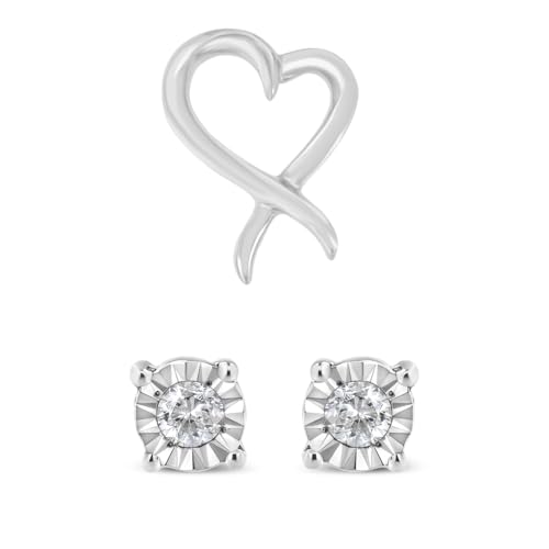 Original Classics .925 Sterling Silver Open Heart-Shaped Awareness Ribbon Pendant Necklace & 1/10 Cttw Round Brilliant-Cut Diamond Miracle-Set Stud Earrings