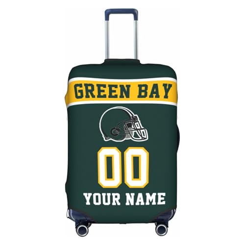 Image of Custom Green Bay Luggage Cover Personalized Football Style Suitcase Cover with Name Number Customized Washable Elastic Sports Travel Suitcase Protector for Business Vacation Gifts