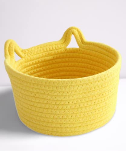 Cafshion Woven Rope Basket with Cat Ears, Yellow, Round, 9.4 in