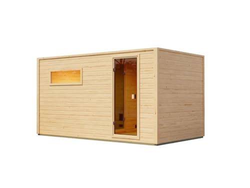 Karibu Gartensauna 396,1x224,9x212,4cm│Außensauna mit Vorraum│mit bronzierter Glastür & 2 Liegen│Fronteinstieg│Massivholz│für 2–4 Personen + Boden