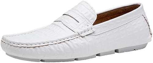 Jousen Mens Loafers Crocodile-Print Slip On Casual Driving Penny Loafer Shoes for Men (AMY3065B White 10.5)