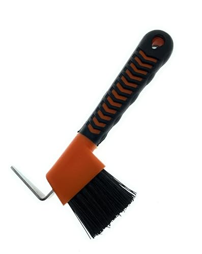 Image of Horse Hoof Pick with Brush - Non-Slip Ergonomic Handle, Heavy-Duty Steel Pick & Stiff Bristles - Removes Dirt, Mud & Rocks - Horse Grooming Tool for Daily Hoof Care (Orange)