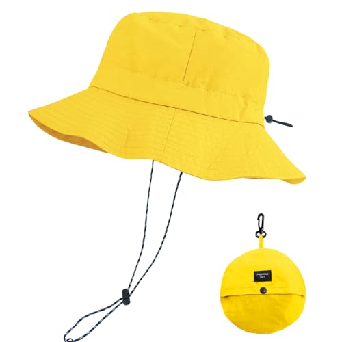PFFY Packable Sun Bucket Hat for Men UV Protection Sun Hats Waterproof Lightweight Hiking Outdoor Cap Yellow (More Loose)