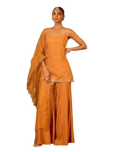 Image of FIORRA Women's Orange Viscose Chanderi Embroidered Ethnic Straight Kurta Set with Dupatta