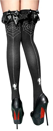 krautwear Damen Halterlose Schwarze Strümpfe mit Spinnen Netz Muster Hinten Karneval Halloween (Schwarz-2103)