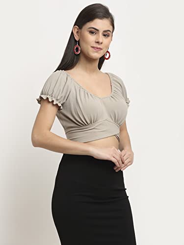 Image of ELEVANTO Women's Ruffle Stylish Short Sleeve Tie Up Back Crop Top Off Shoulder Bardot Blouse /Tops for Summer