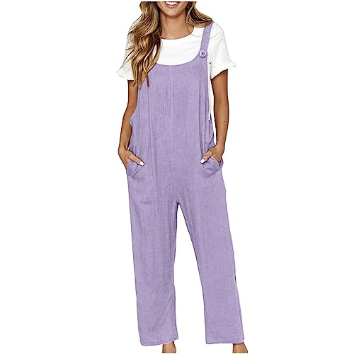 Peto de algodón para mujer, overol de tirantes de color sólido, ajuste holgado, sin mangas, pantalones de pierna recta, suave, cómodo, bolsillos de lino de algodón, para el trabajo o uso diario,
