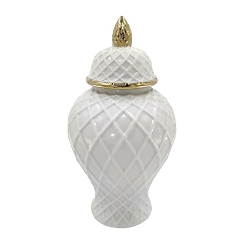 Sagebrook Home Ceramic Ginger Jar with Lid - Decorative Stoneware Vase for Home & Office - Traditional Diamond Pattern Accent for Living Room & Bedroom - 14