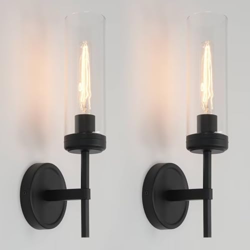 Image of Modern Wall Sconces Set of Two, Black Bathroom Vanity Light with Handblown Clear Glass Hardwired Wall Sconce Light for Bathroom Mirror Bedroom Livingroom Hallway Indoor