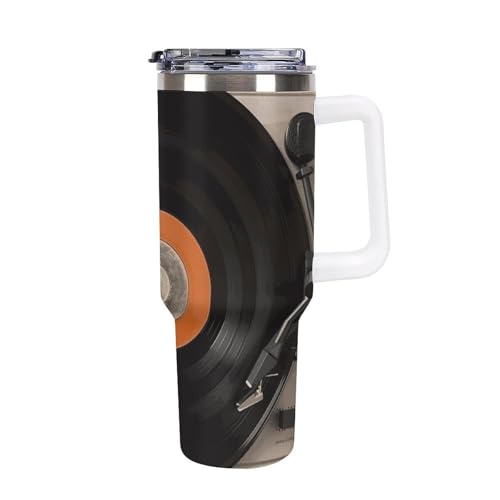 Image of 40 Oz Coffee Vintage Vinyl Record Tumbler with Lids And Straws Leakproof Thermal Cup Double Vacuum Insulated Stainless Steel Sport Water Bottle Cup Travel Mug for Hot Cold Drinks- White Handle