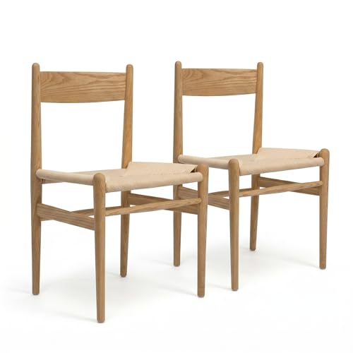 Image of Armless Dining Chairs Set of 2, Ash Wood with Handwoven Seat | 300 BLS Support, Curved Backrest, Felt Pads, Fully Assembled, Mid-Century Modern Wood Chair for Kitchen, Dining, Living Room