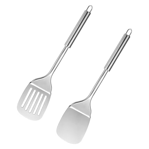 Stainless Steel Spatula Set, 2-Piece Solid & Slotted Turner, Heavy-Duty Metal Spatulas Heat Resistant, Dishwasher Safe Kitchen Utensils for Fish, Eggs, Pancakes & Everyday Cooking