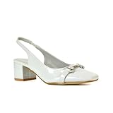 Women's Block Mid Heel Court Shoes Ladies Grey Patent Slingback Buckle Detail Square Toe Size 7