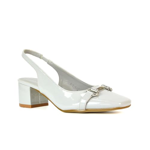 Image of Women's Block Mid Heel Court Shoes Ladies Grey Patent Slingback Buckle Detail Square Toe Size 7