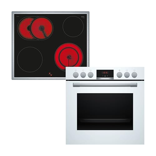 Bosch HND411LW63, Einbau-Herd-Set, Einbau-Herd 60 cm, HEA513BS3, Serie 4, 3D Heißluft, Einfache Bedienung, Weiß & Elektro-Kochfeld 60 cm, NKN645GA2E, Serie 4, Herdgesteuert, 21cm Kochzone, Mit Rahmen