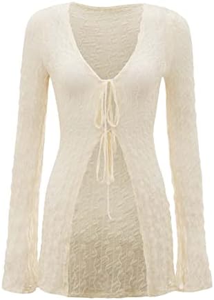 Verdusa Women's 90s Top Bell Long Sleeve Tie Front Textured Sheer T-Shirts Cardigan Cover Up Beige S