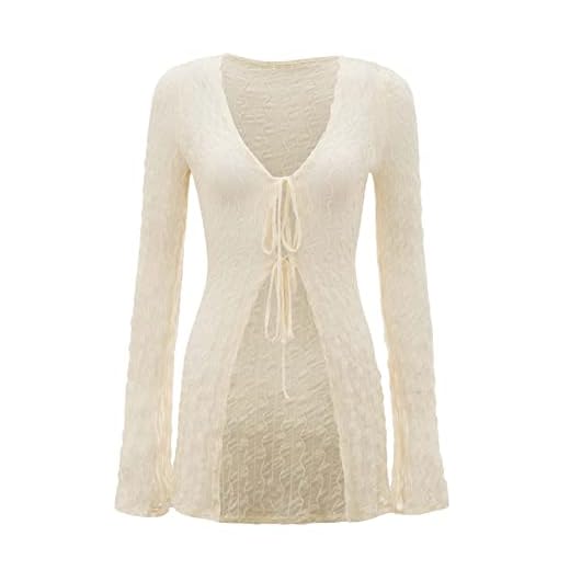 Verdusa Women's 90s Top Bell Long Sleeve Tie Front Textured Sheer T-Shirt Cardigan Beige XS