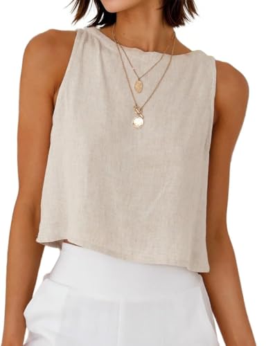 Linen Tops for Women 2025 Spring Summer Outfits Sleeveless Crop Casual Loose Cute Cotton Linen Tops, Beige,M