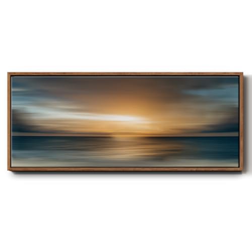 Renditions Gallery Abstract Wall Art Misty Sunrise over the Calm Ocean Floater Frame Nature Wall Hangings for Farmhouse Kitchen Office Decorations - 12"x30" Walnut Frame LT619