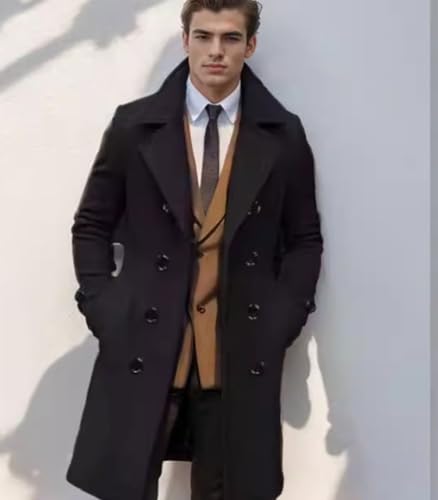 Image of FTIMILD Mens Wool Blend Pea Coat Warm Winter Trench Coat Notched Lapel Double Breasted Overcoat