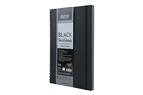 Image of BRUSTRO Technical Pen (Pack of 6) Black Sketchbook, Wiro Bound, Size A4, 200GSM (40 Sheets) 80 Pages